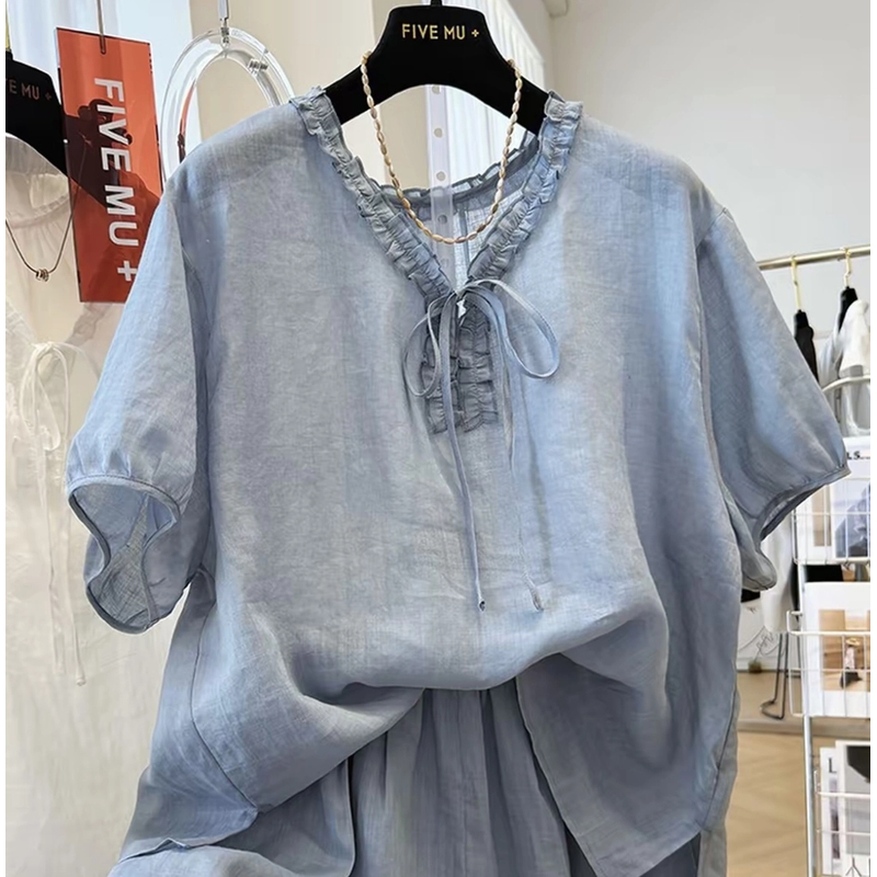 巨好看的夏季一整套韩里韩气两件套清纯系松弛感苎麻套装女夏季薄