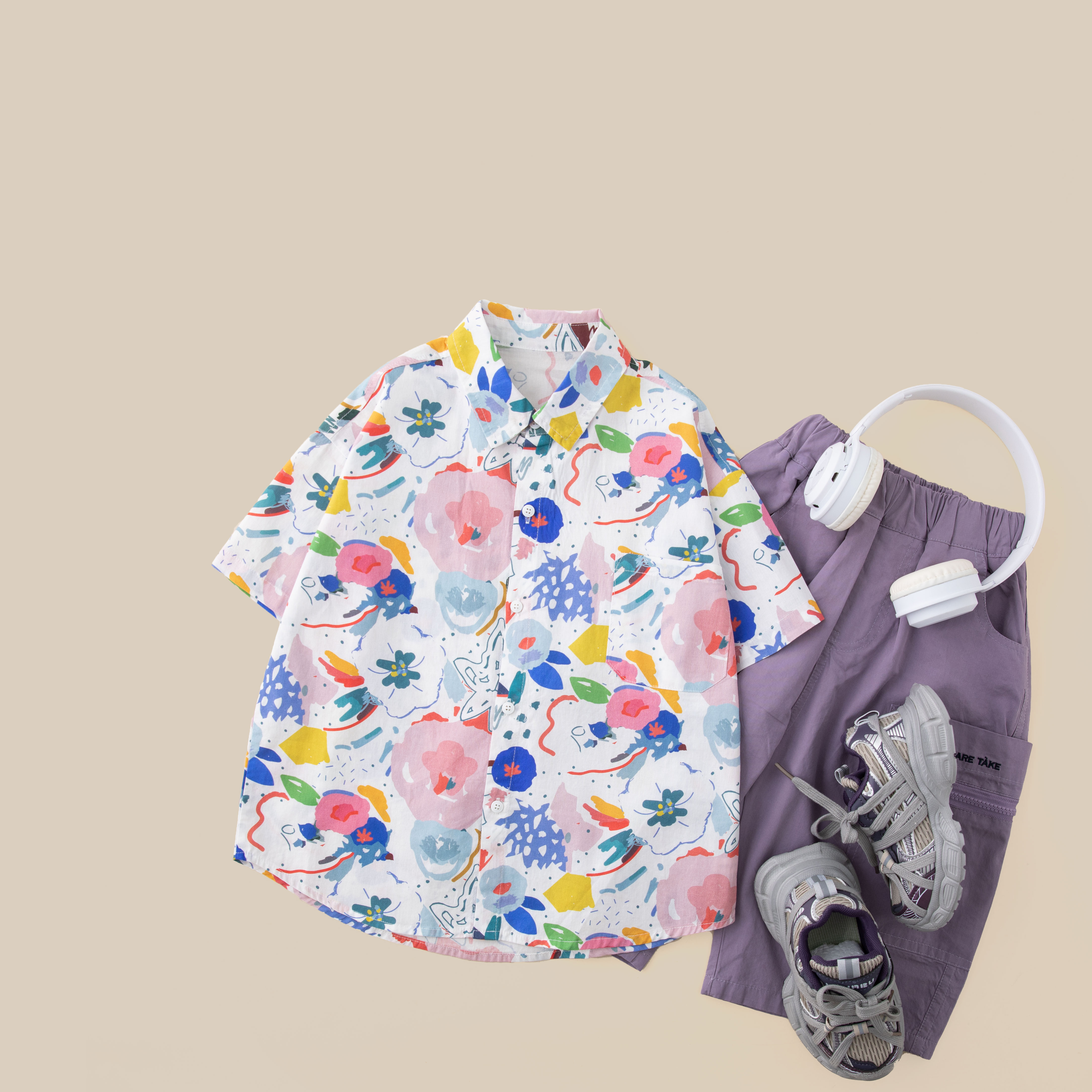 【涂鸦】儿童夏款短袖衬衫2025新款男童潮流时尚外套BX1633华子童装