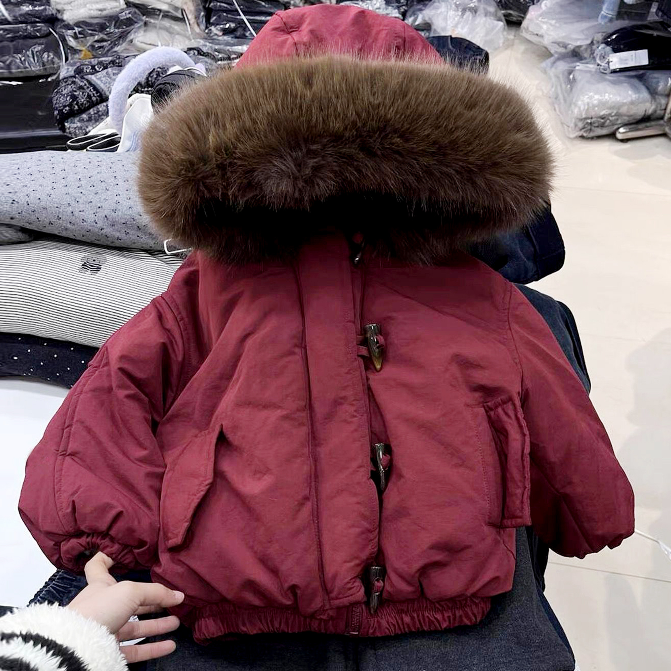 男女童棉服外套加绒2025冬季新款儿童装连帽大毛领加厚红色派克服