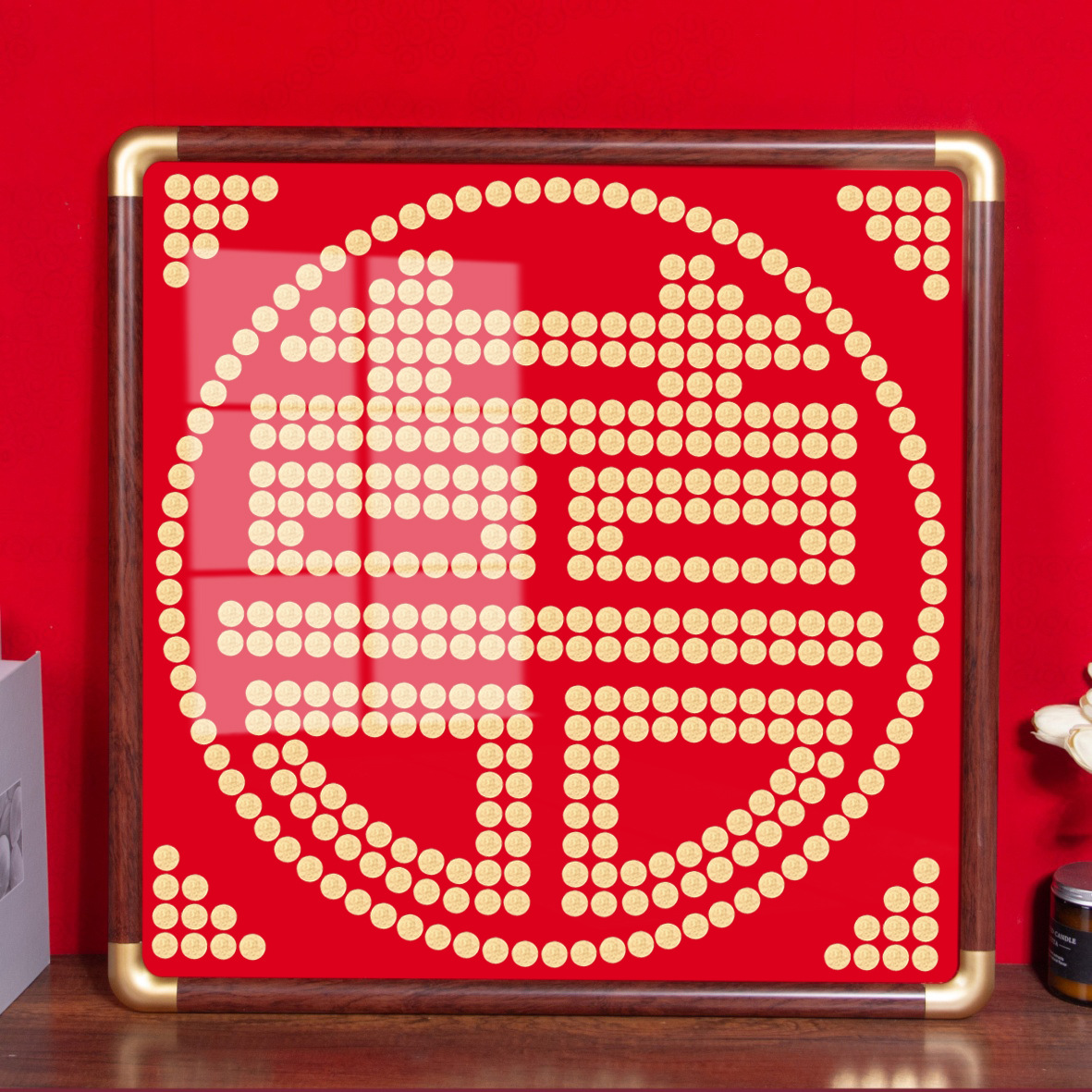 五毛钱硬币喜字相框绒布模板字帖 结婚房喜庆装饰 60x60需428枚