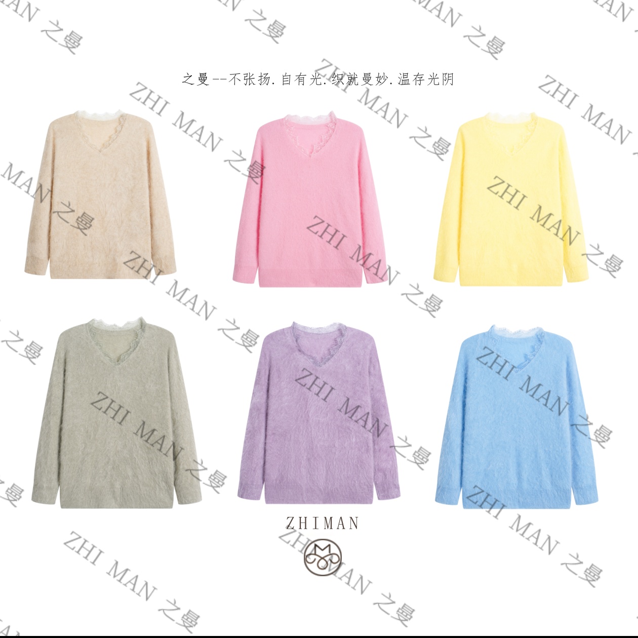 ZHIMAN|"必入”蕾丝羊绒V领上衣80115