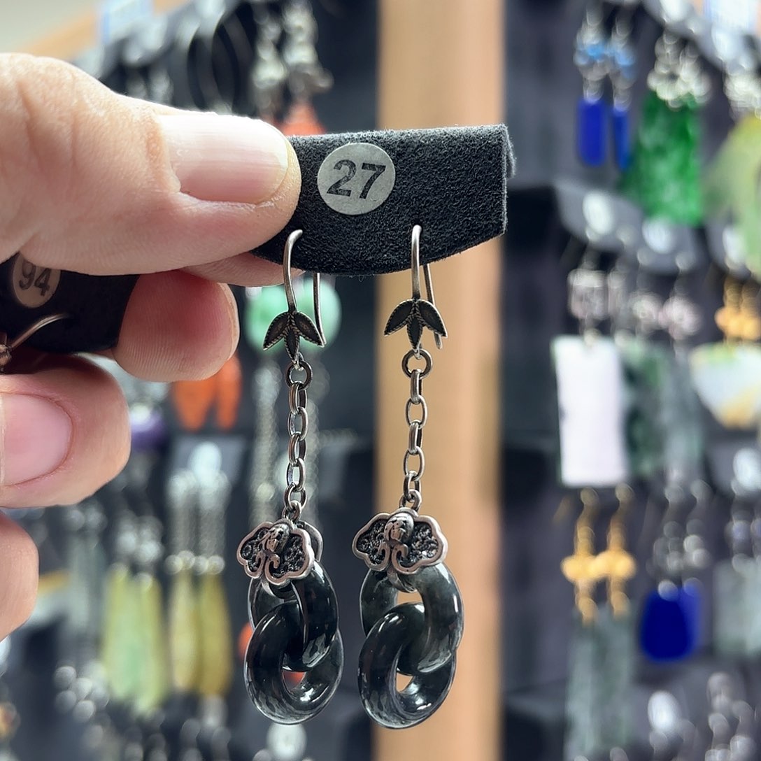 翡翠耳饰银S925镶嵌颜*色