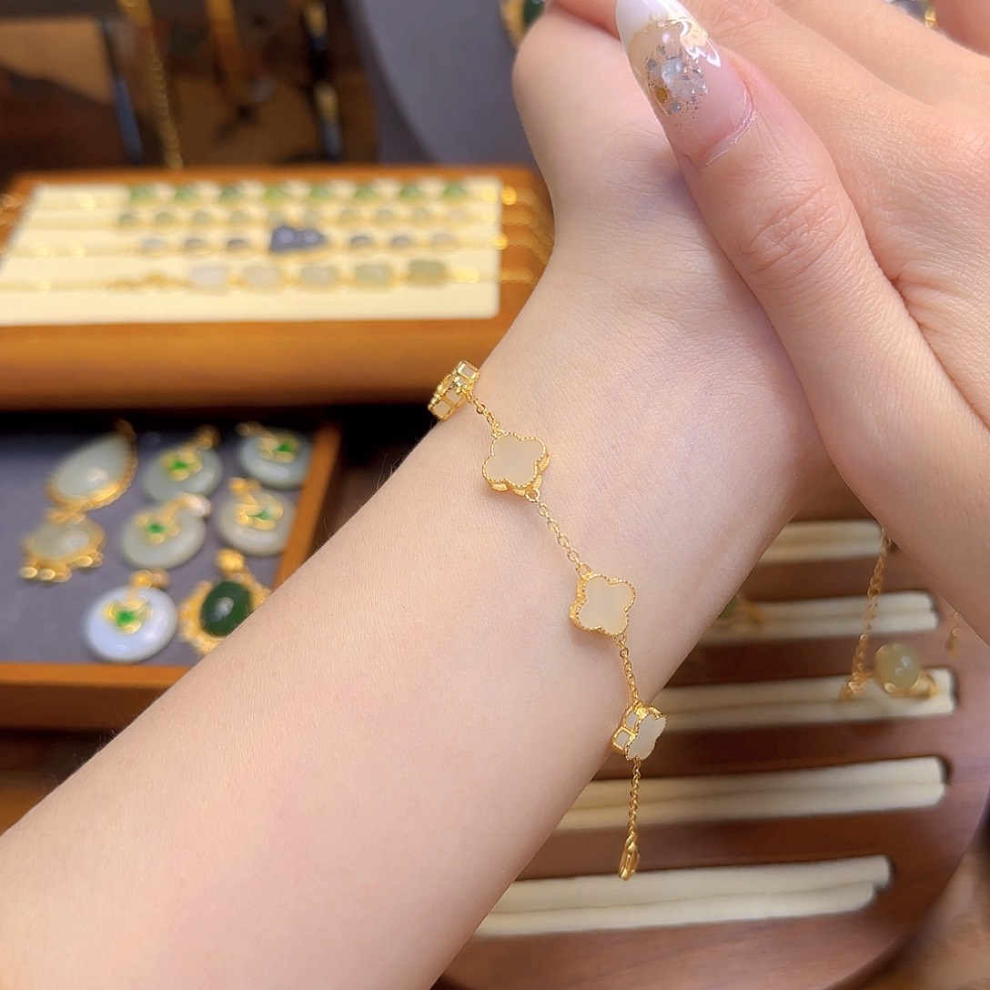 和田玉手链银S925镀金镶嵌