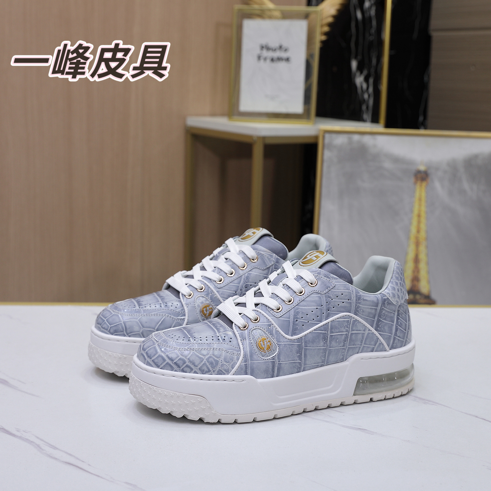 【一峰皮具】进口鳄鱼皮手工擦色蓝灰谁手工鞋休闲时尚板鞋增高鞋底