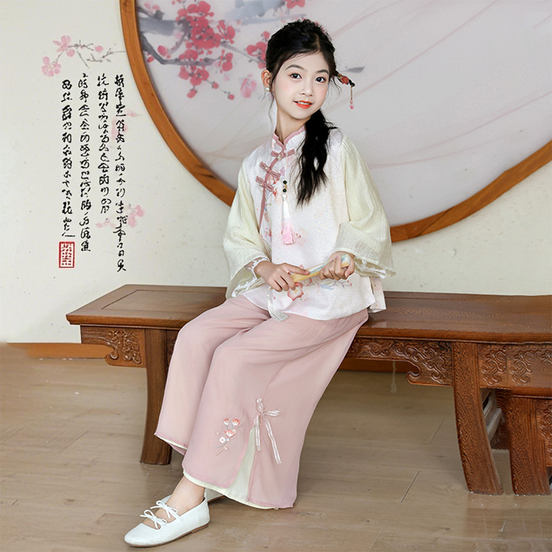女童夏季汉服套装2025新款中大童女孩古风盘扣上衣新中式两件套潮