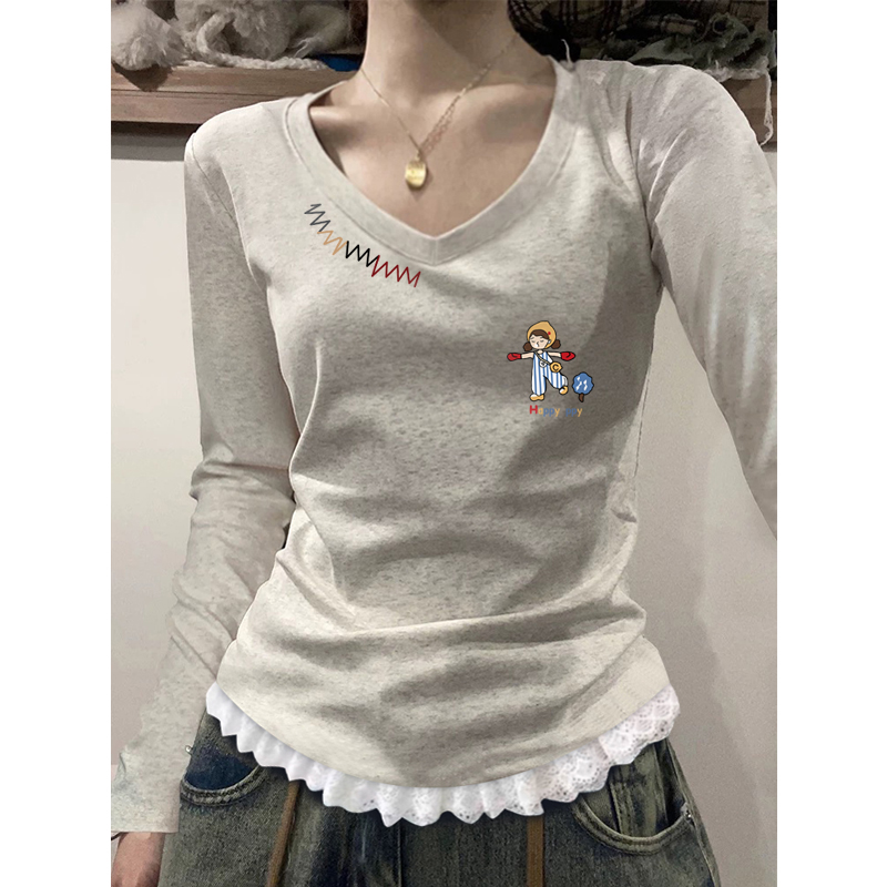 撞色正肩长袖V领T恤上衣女早秋冬蕾丝花边掐腰显瘦修身显瘦打底衫