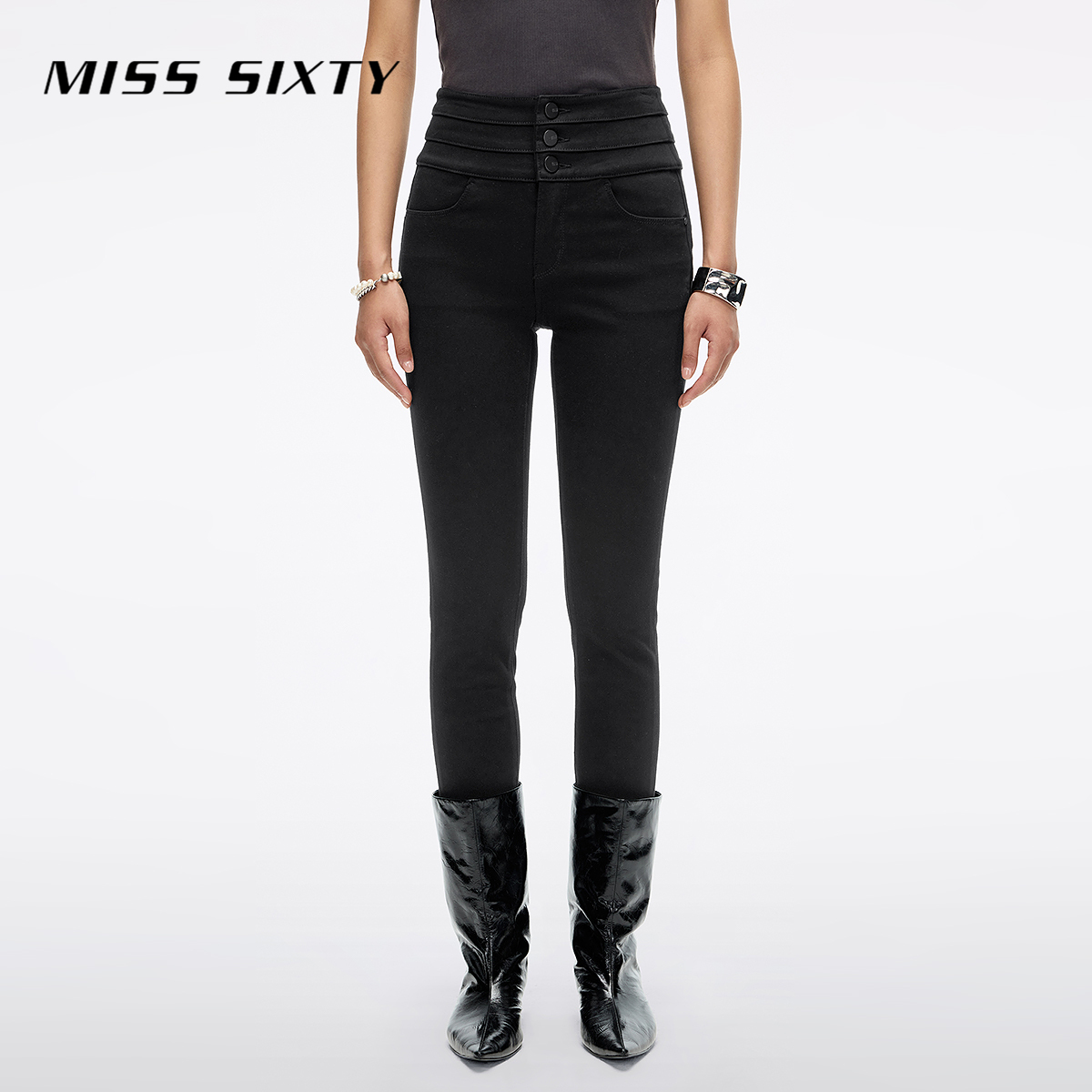 【杨幂同款】Miss Sixty2025秋冬新款女三环腰修身四面弹小黑裤