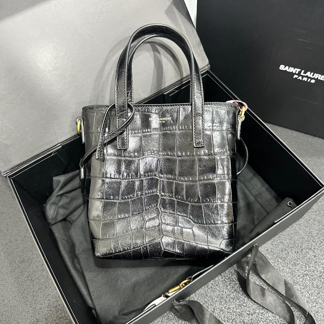 未使用 YSL/圣罗兰 壹所奢品/tote 鳄压纹 mini 黑金 单肩斜挎包