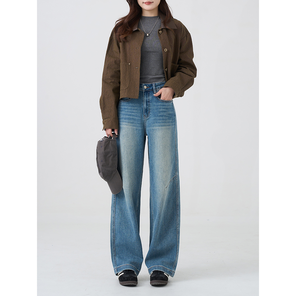 Space Password蓝色牛仔阔腿裤春季新款无弹宽松复古牛仔裤89218