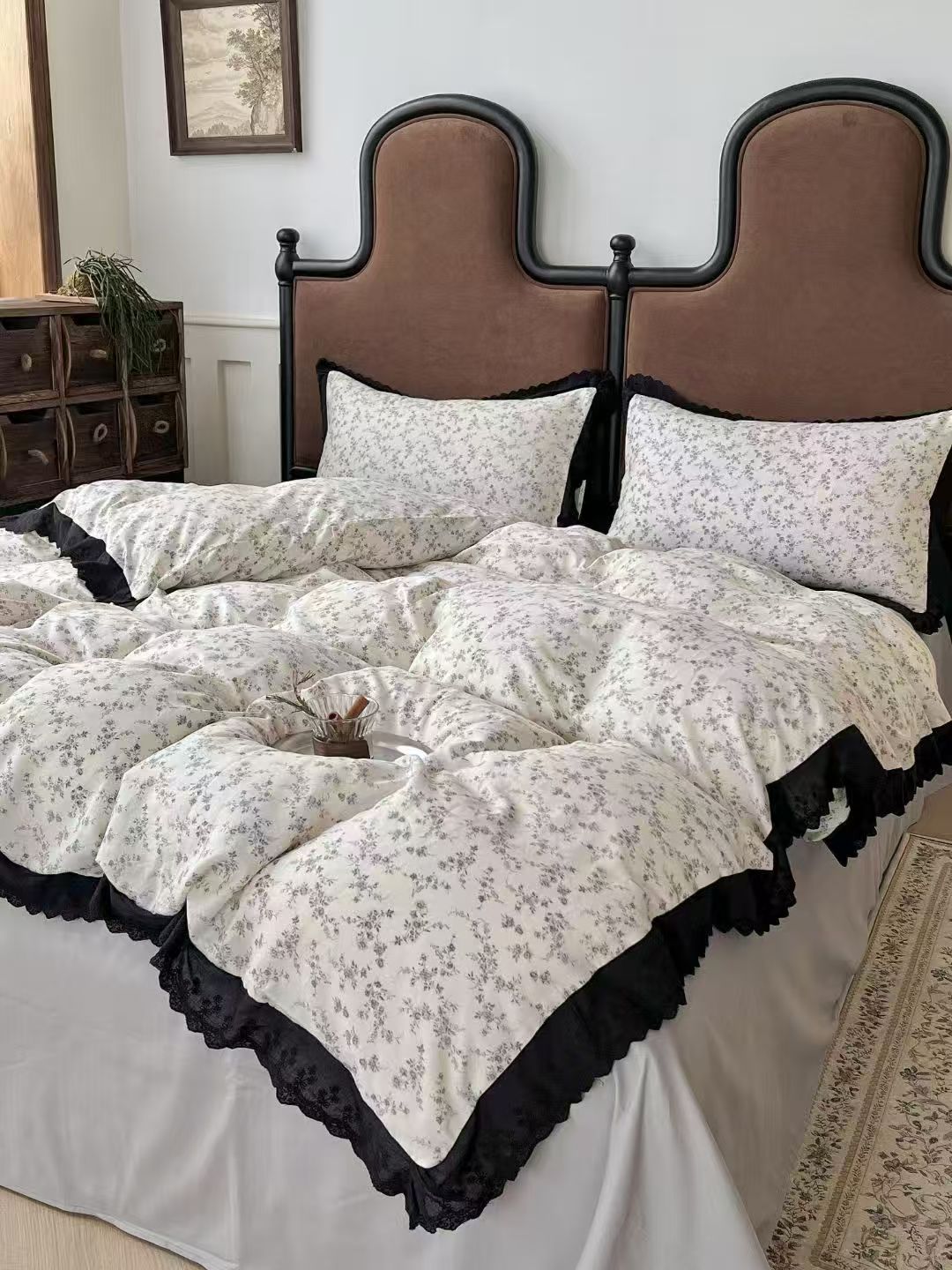 超柔软法式镂空蕾丝花边四件套纯棉双层纱床品套件床单加厚人字纹