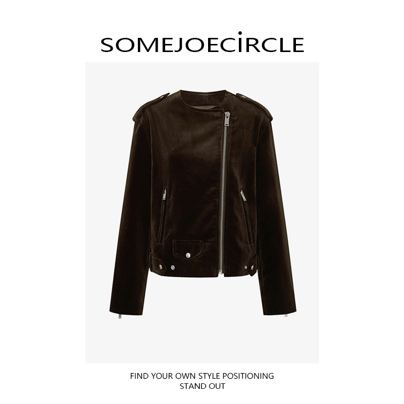 SOMEJOECIRCLE【风丝绒】25新品复古机车光泽感褐绿色夹克外套Z7879