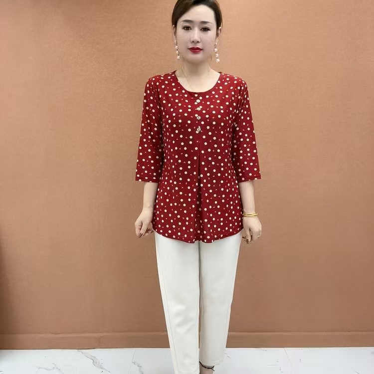 母亲节新款中老年妈妈装宽松大码波点印花遮肚显瘦短袖T恤上衣女