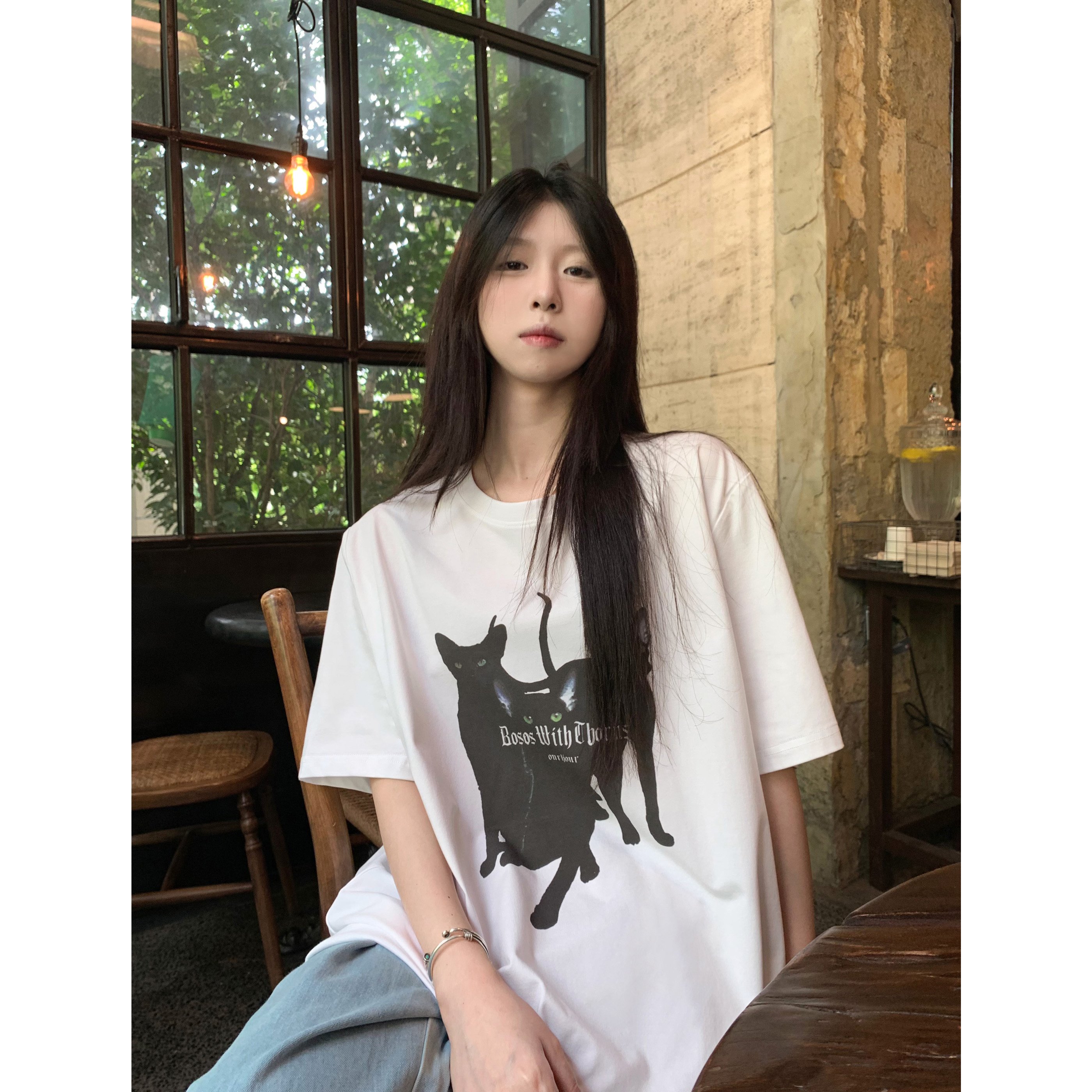 HVIVI 白色黑猫印花宽松短袖T恤女夏季新款美式休闲百搭显瘦上衣