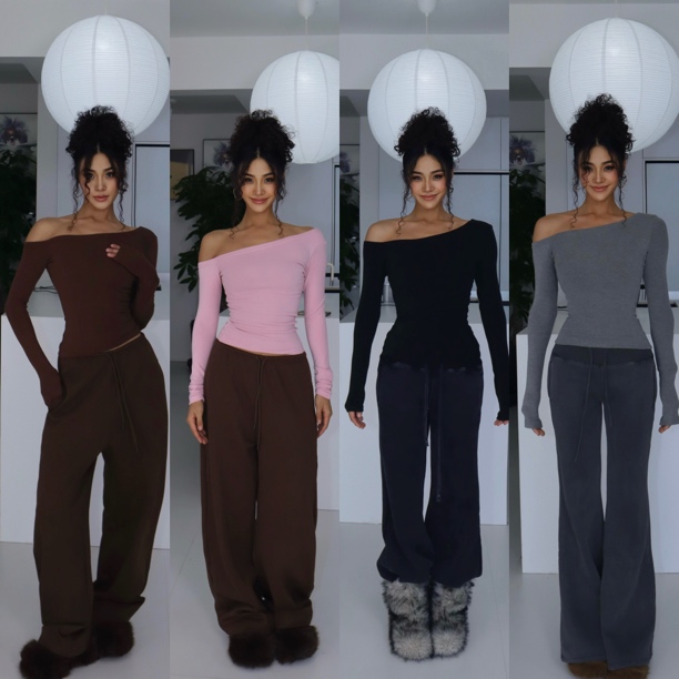 【斜肩长T】纯色性感辣妹斜肩露肩修身针织长袖T恤上衣打底新款