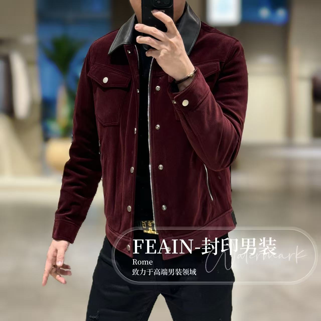 【鹅绒绵羊皮拼接】高端定制斜纹灯芯条绵羊皮拼接男士鹅绒服6685