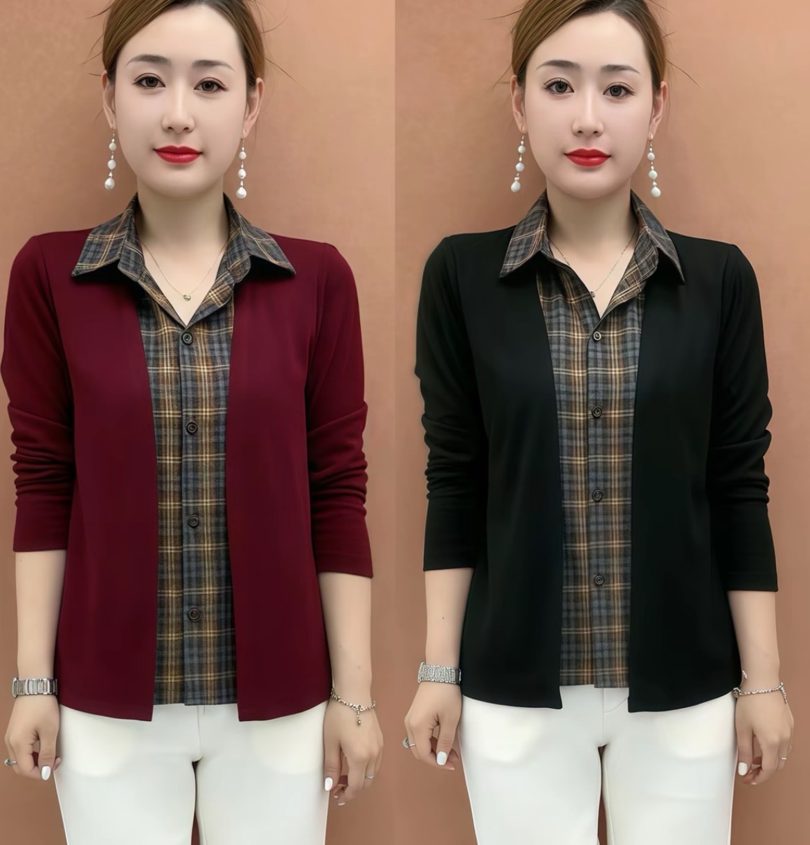 B225格子常规款常规修身型中老年女装洋气衬衣宽松显瘦