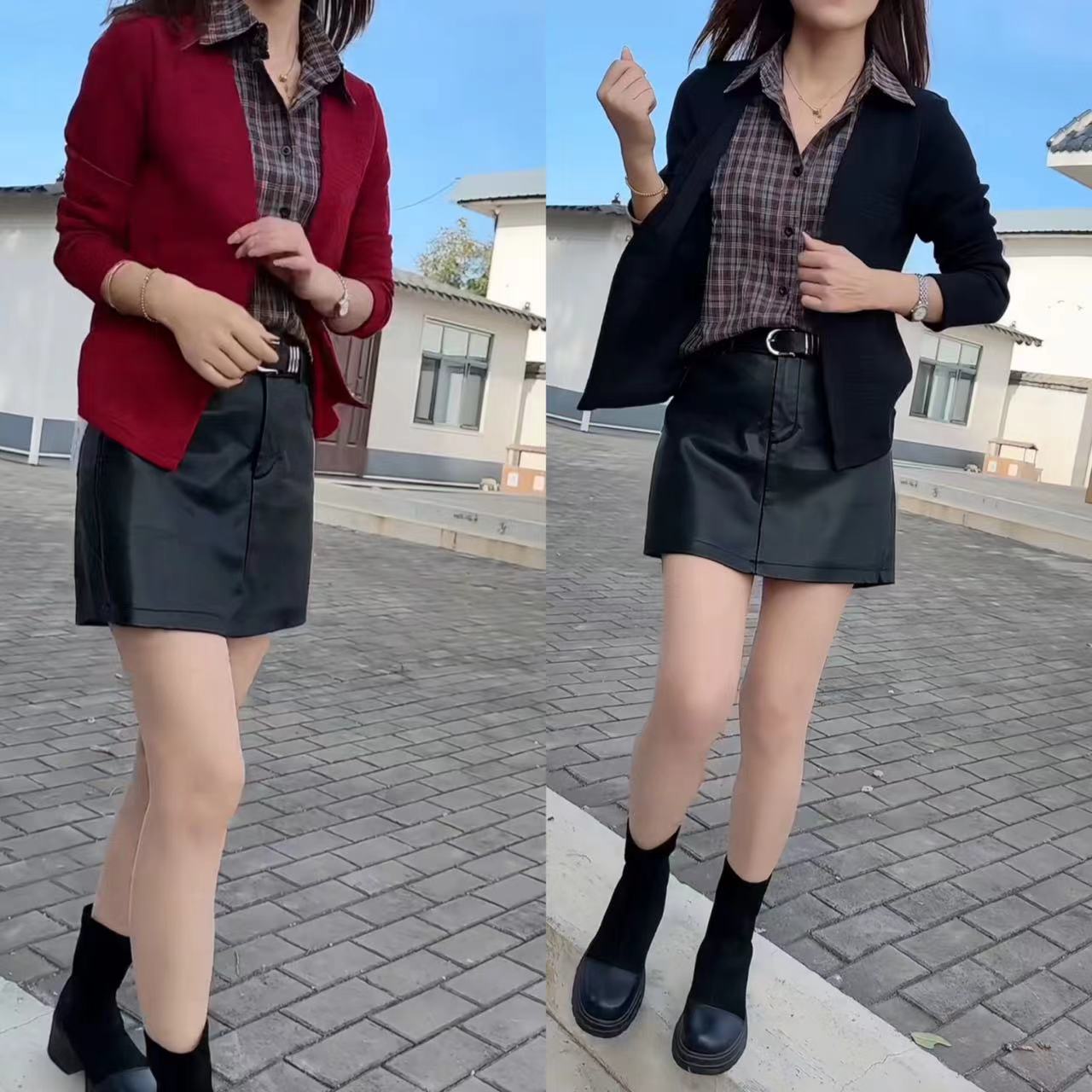 气质高腰轻熟风A型显瘦秋季黑色女装假两件上衣