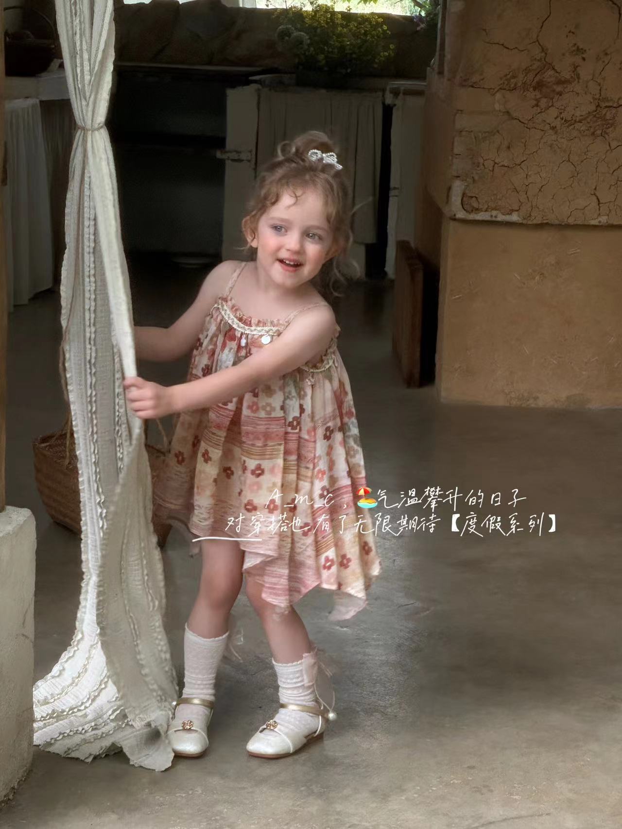 AMX-2507-儿童法式洋气重工粉色度假风吊带裙（夏款）