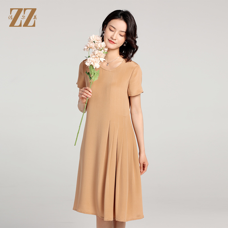 夏季经营新款100%桑蚕丝真丝纯色气质短袖连衣裙裙子女E22LS50