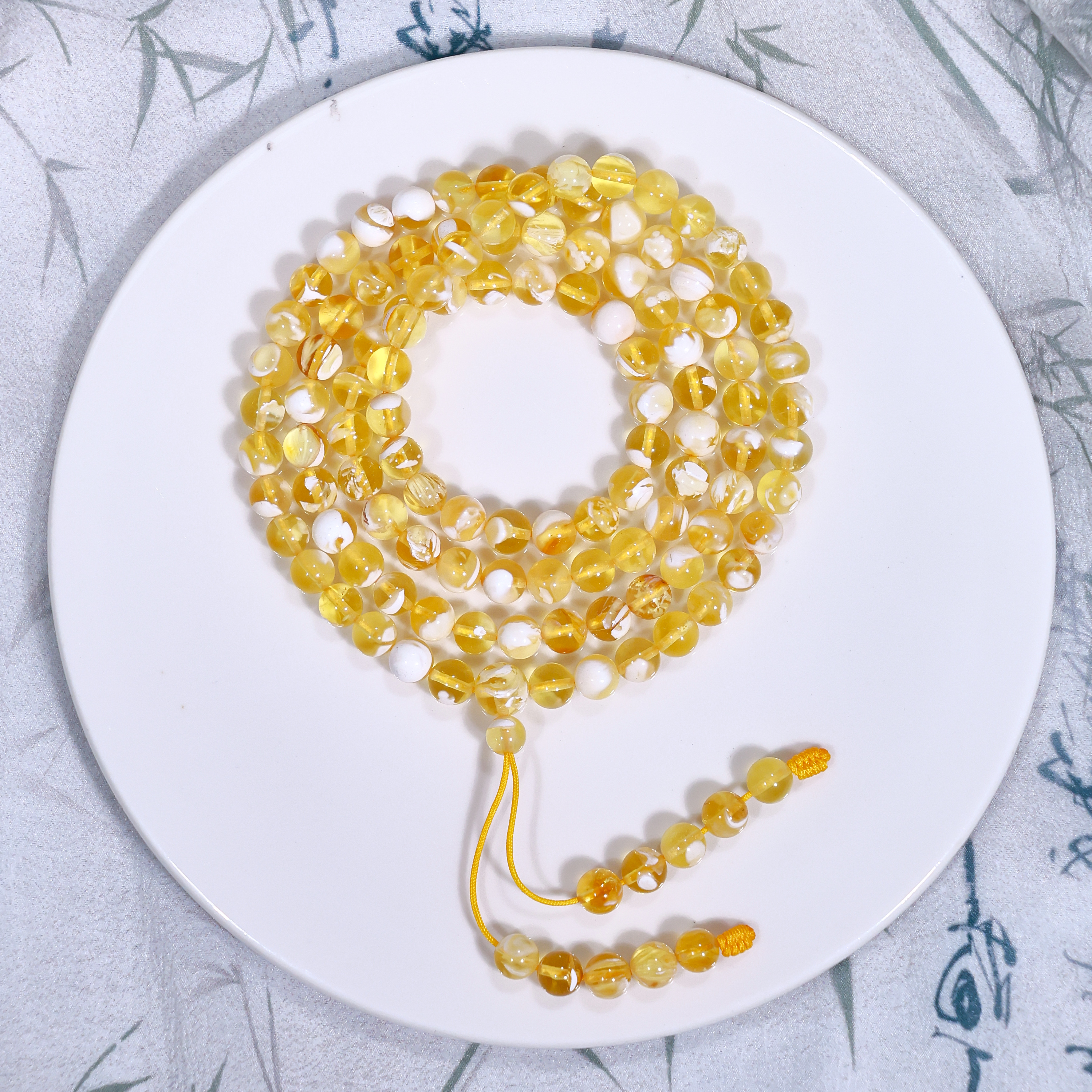 6mm金瓷白金透溶洞妖花圆珠108多圈 收藏款金多蜜蜡108手串QZ078