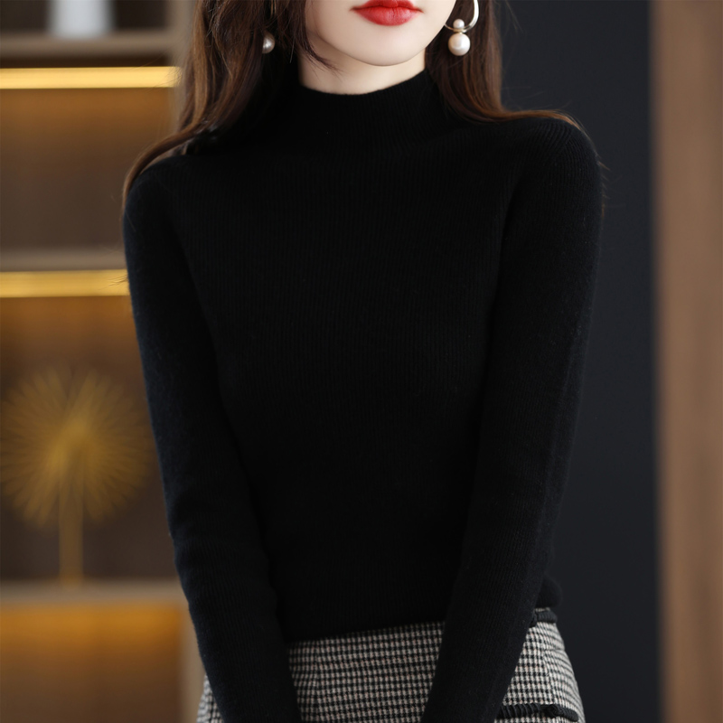 【100羊毛】一线成衣无缝半高领秋冬女针织衫加厚修身百搭毛衣
