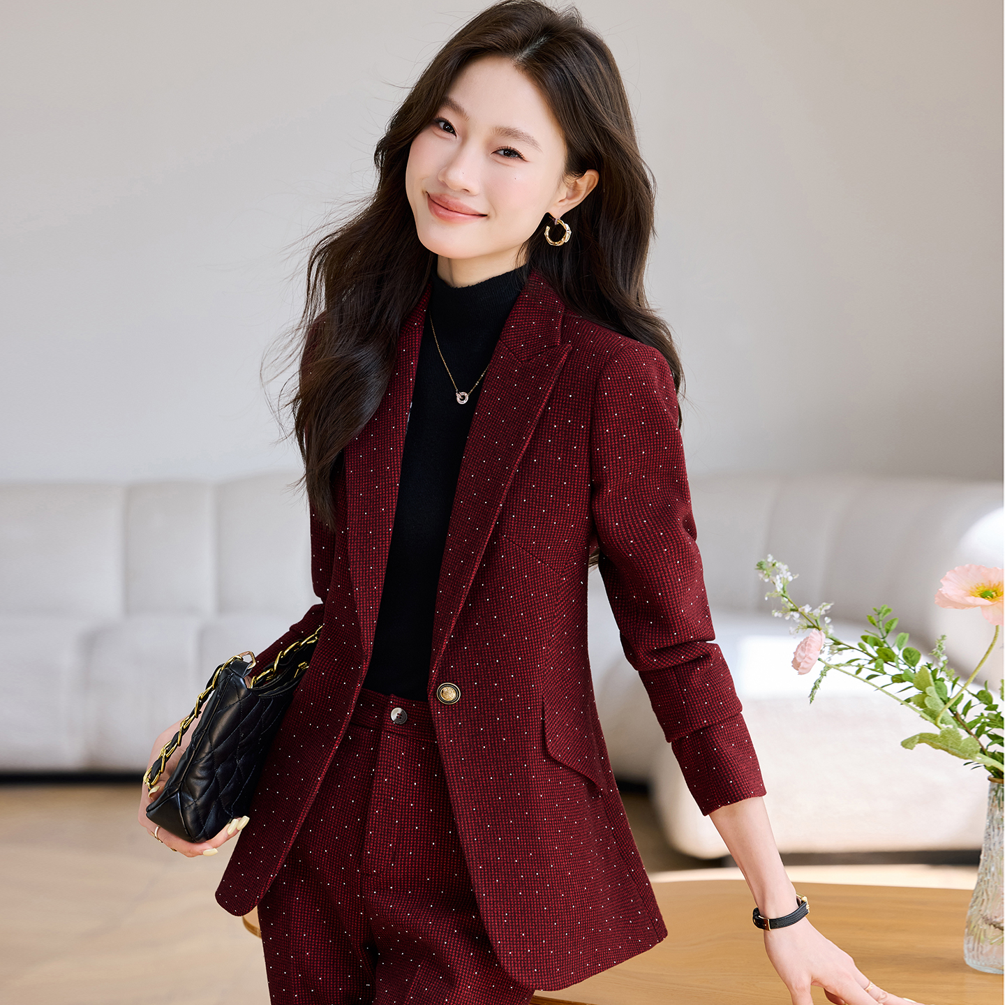 8978冬季毛呢女士时尚气质纯色带钻一粒扣职业套装修身工作服