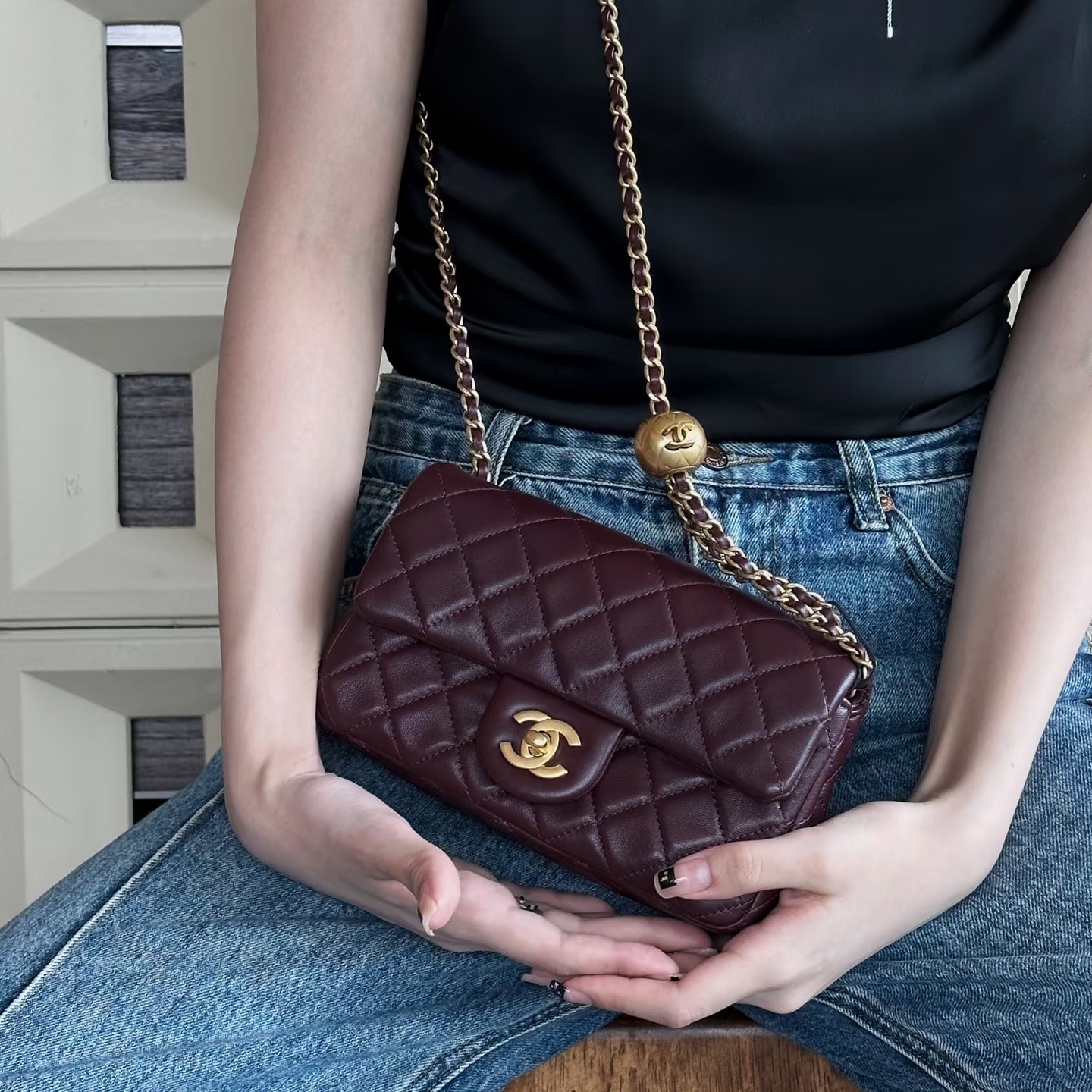 99新 Chanel/香奈儿  cf 金球大mini 酒红色芯片单肩斜挎包（1KTG）