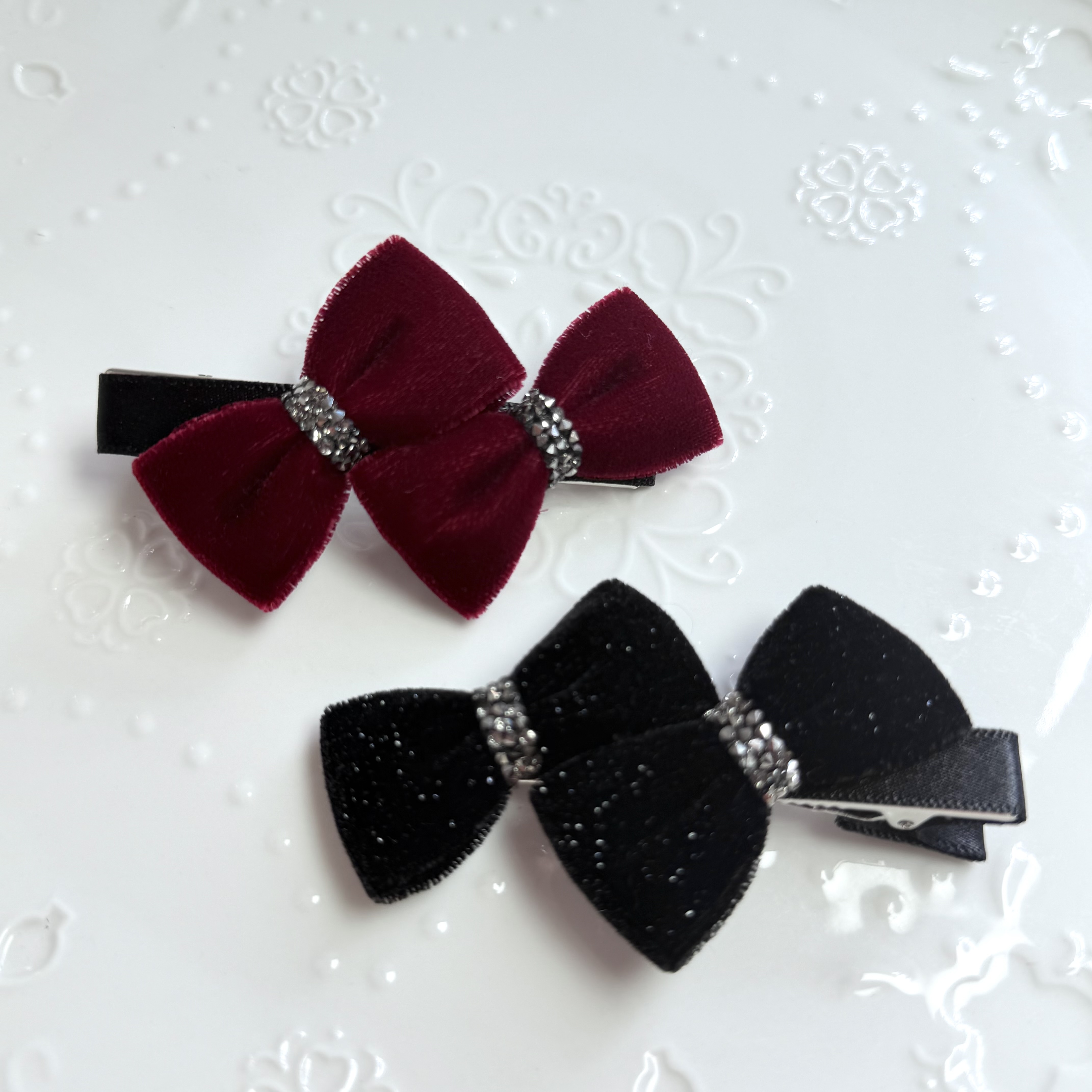 韩国Eunoia Nero【毛绒双蝴蝶结满天星边夹鸭嘴夹】2094气质可爱