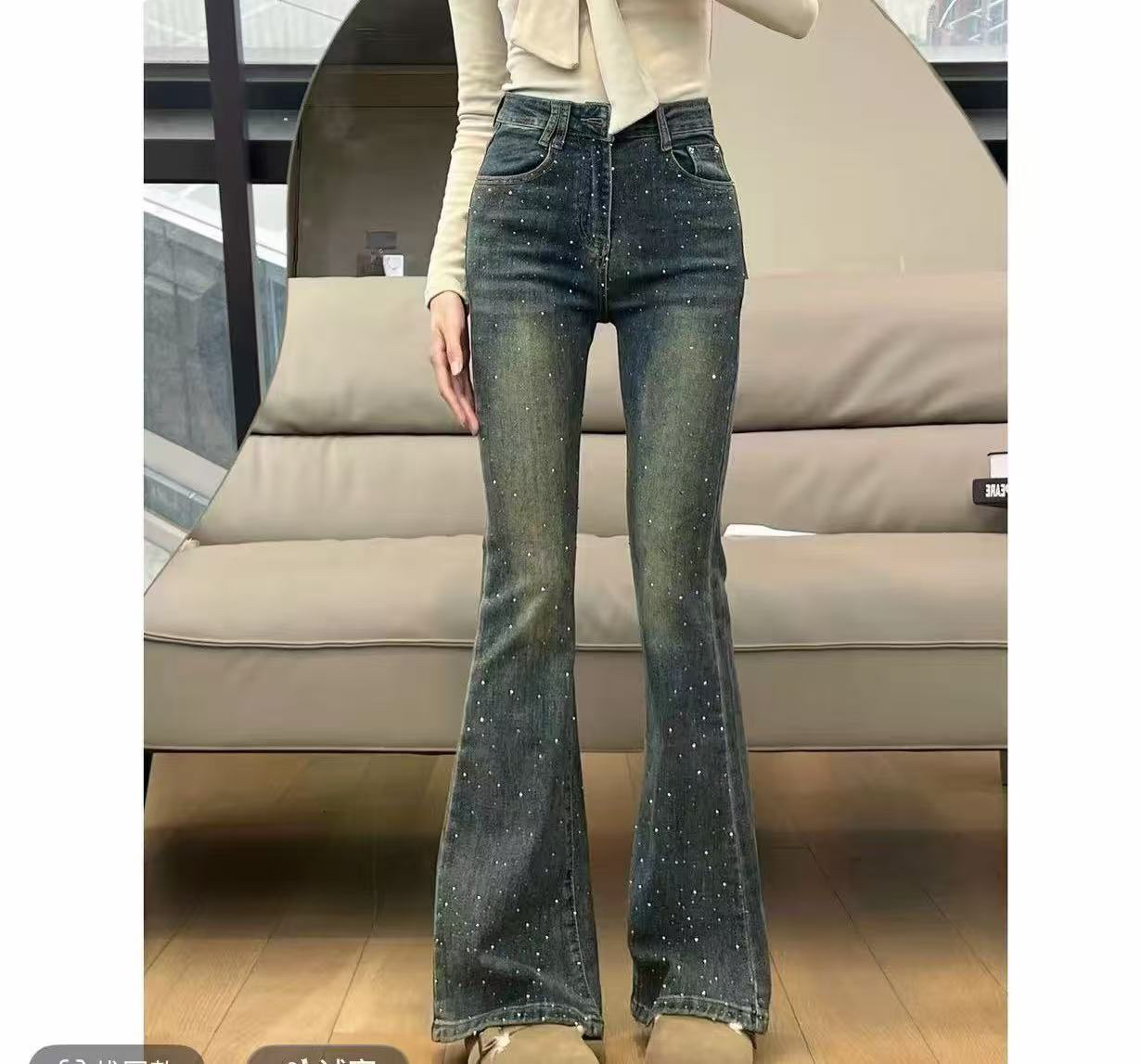 烫钻高腰修身显瘦女士微喇叭牛仔裤春秋百搭复古款