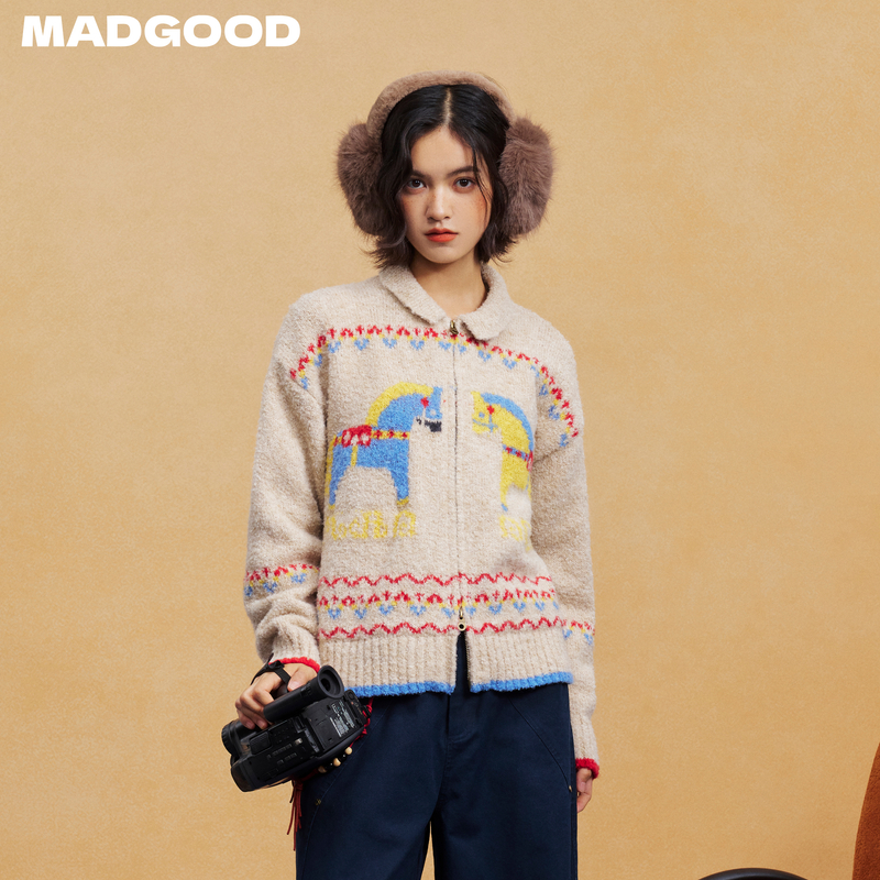 madgood马得工地日系加厚翻领撞色马年毛衣内搭开衫MDGDMY111119