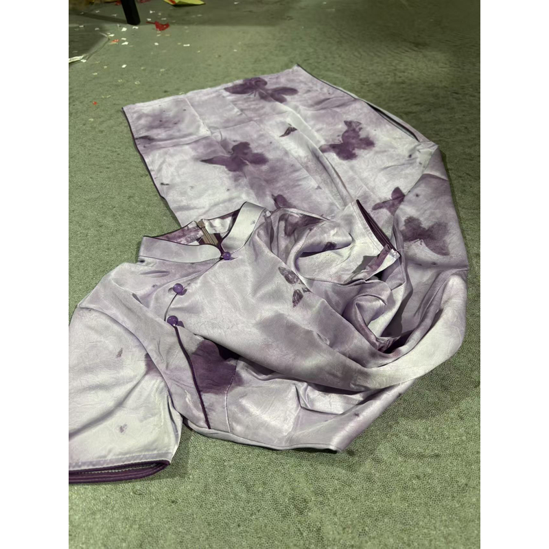 0682 紫蝴蝶 紫色 珠珠扣 复古 旗袍