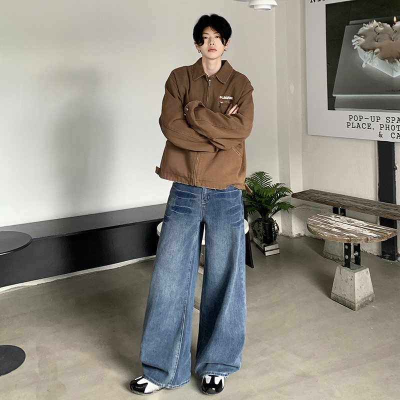 男款美式高街弯刀clean Fit牛仔裤潮牌复古宽松直筒阔腿长裤L9008