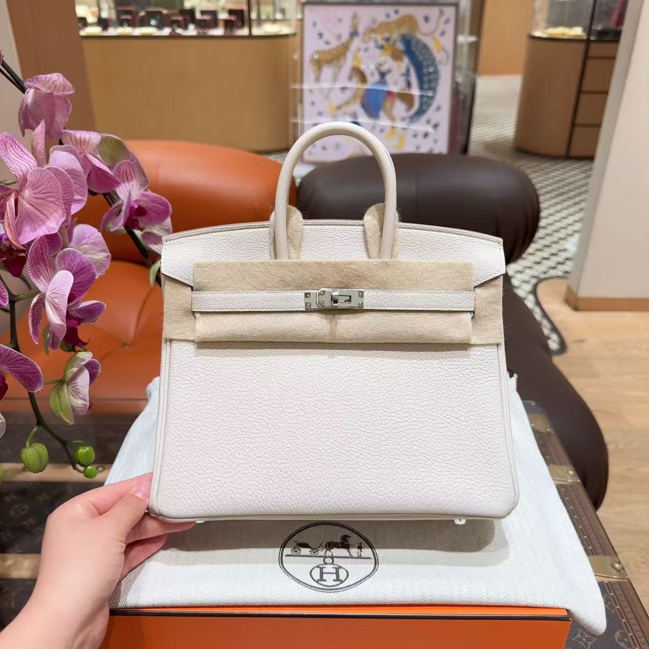 未使用 Hermes/爱马仕 birkin25奶昔白 银扣 togo皮 W刻