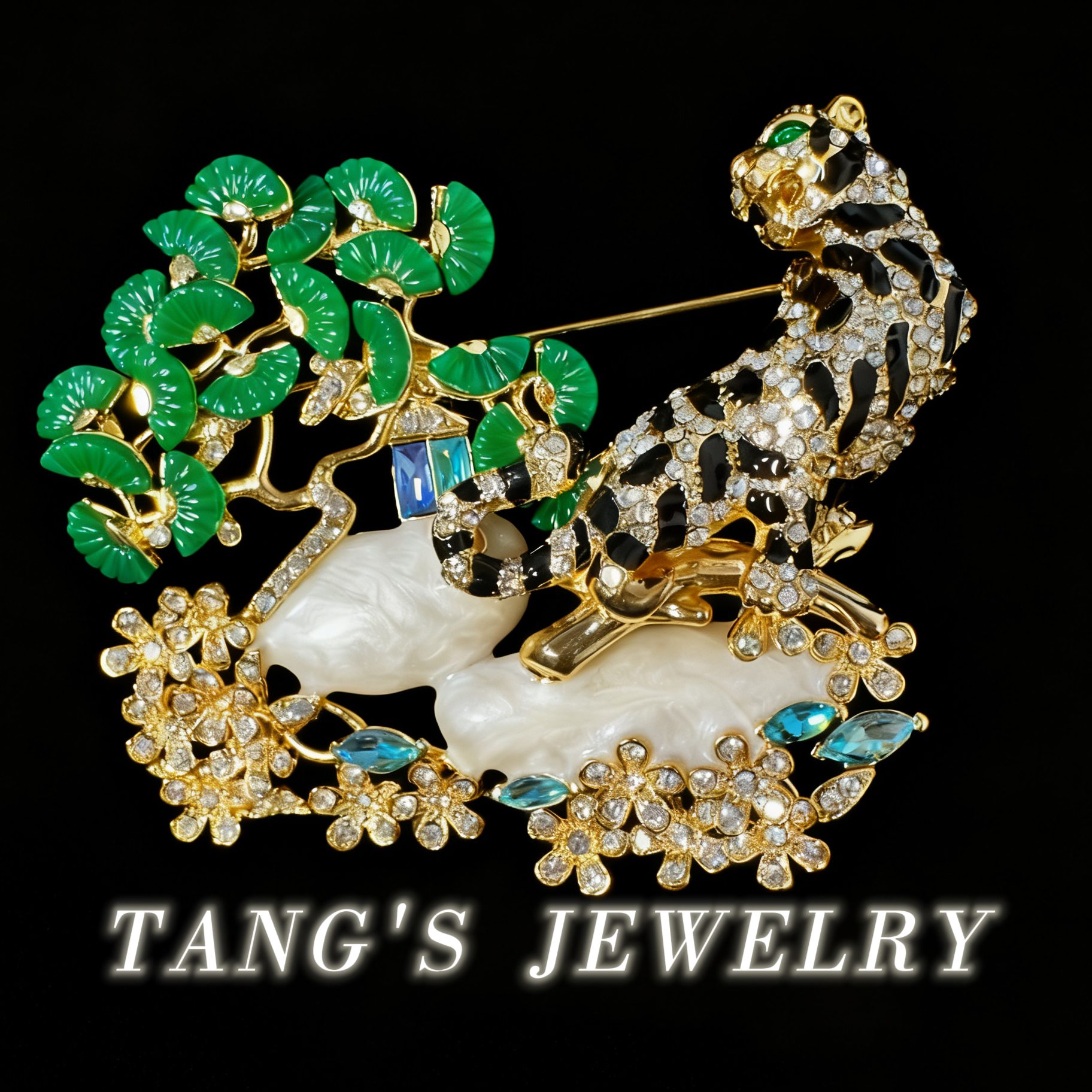 铜合金胸针 翠庭豹影・花簇珍环 中古vintage 重工胸针