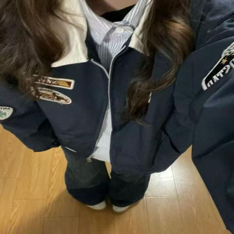 美式年复古翻领外套新款飞行情侣宽松春秋设计棒球服百搭夹克