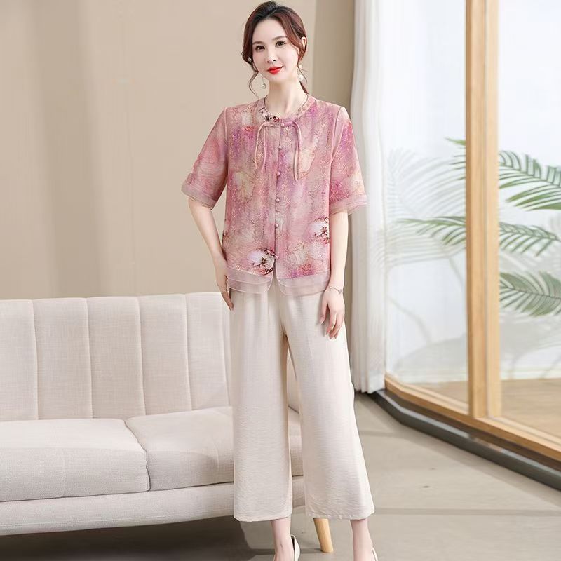 9433-夏季新款新中式国风气质休闲妈妈装上衣+裤子套装