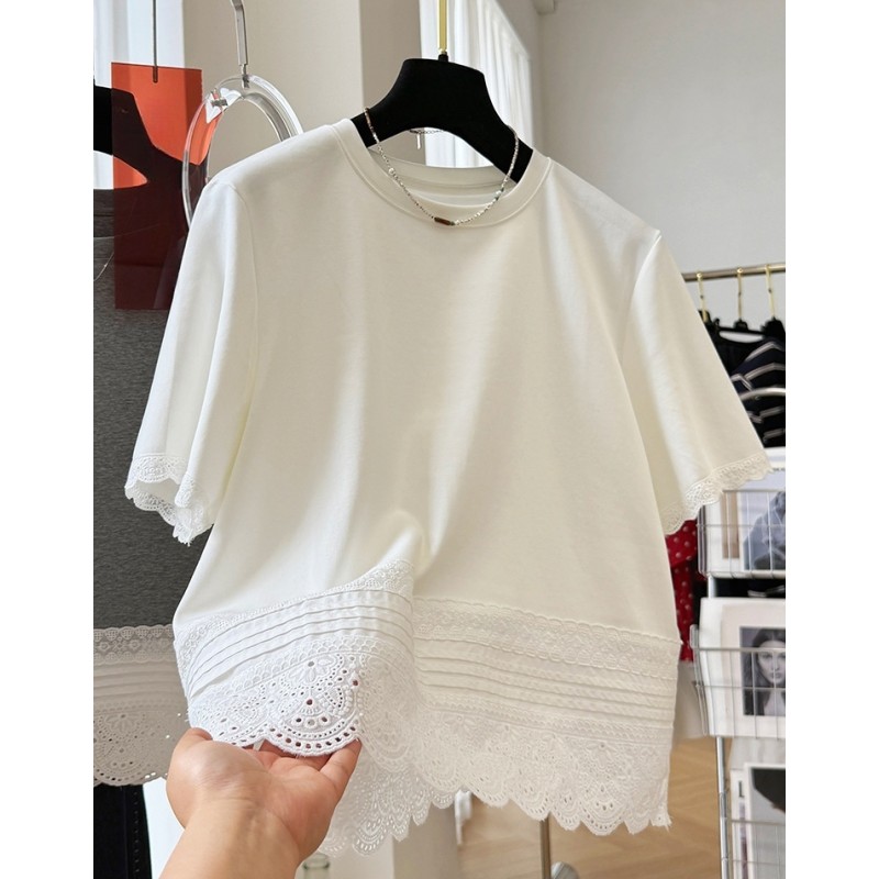 P0217夏日独特漂亮小上衣女韩系蕾丝花边拼接宽松短袖T恤半袖ins