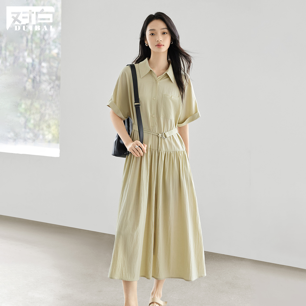 【大福专属】D01对白莱赛尔短袖衬衫连衣裙宽松收腰长裙FDQ060