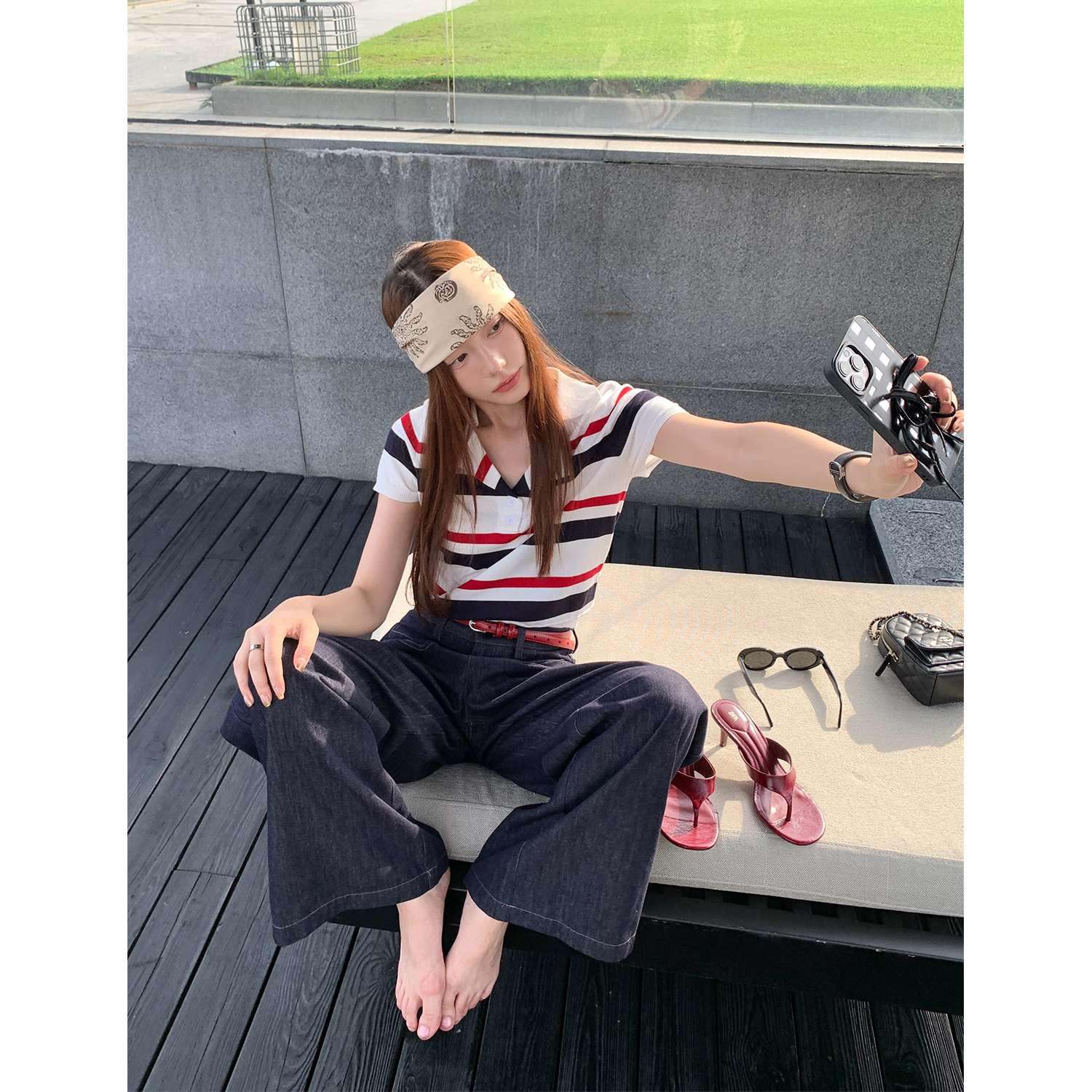 70不是七十【u系学院】夏季韩版气质条纹翻领短袖毛织T恤