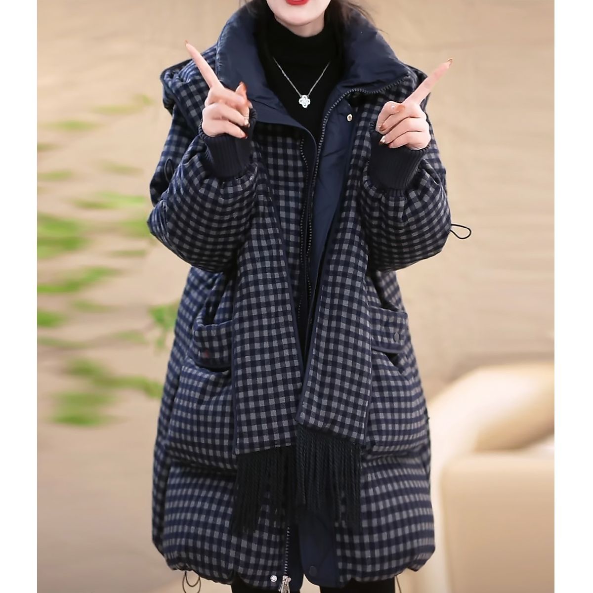 格纹时尚中长款气质加厚棉服加厚款百搭连帽