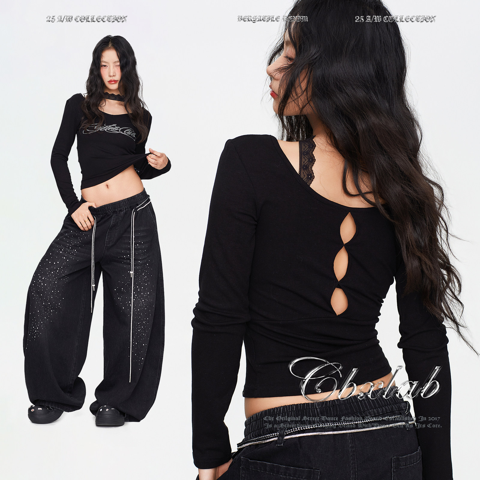 CBXLAB街舞潮牌黑色Y2K辣妹修身蕾丝颈圈性感美式露背长袖上衣女