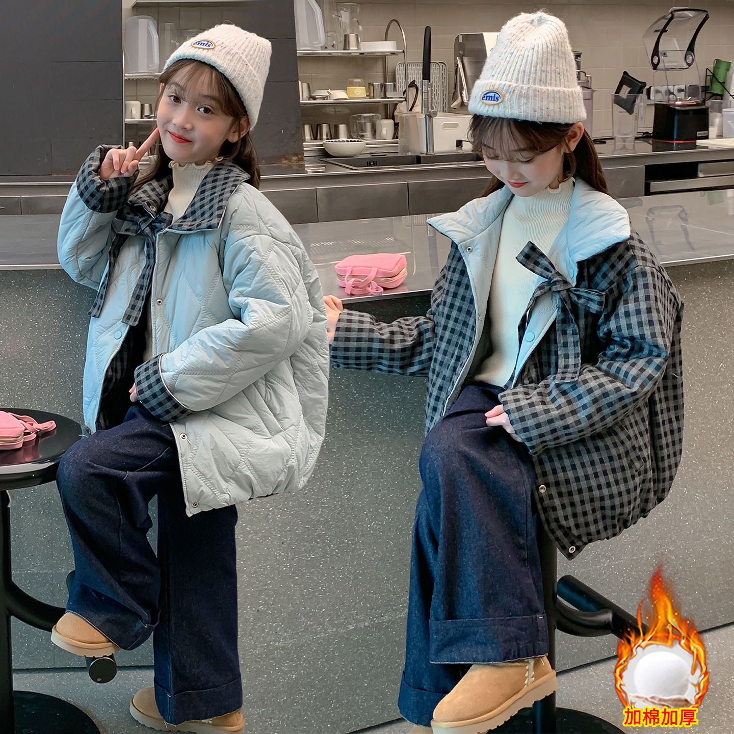 女童棉服2025新款儿童双面穿洋气时髦夹棉外套大童冬季轻薄款棉衣