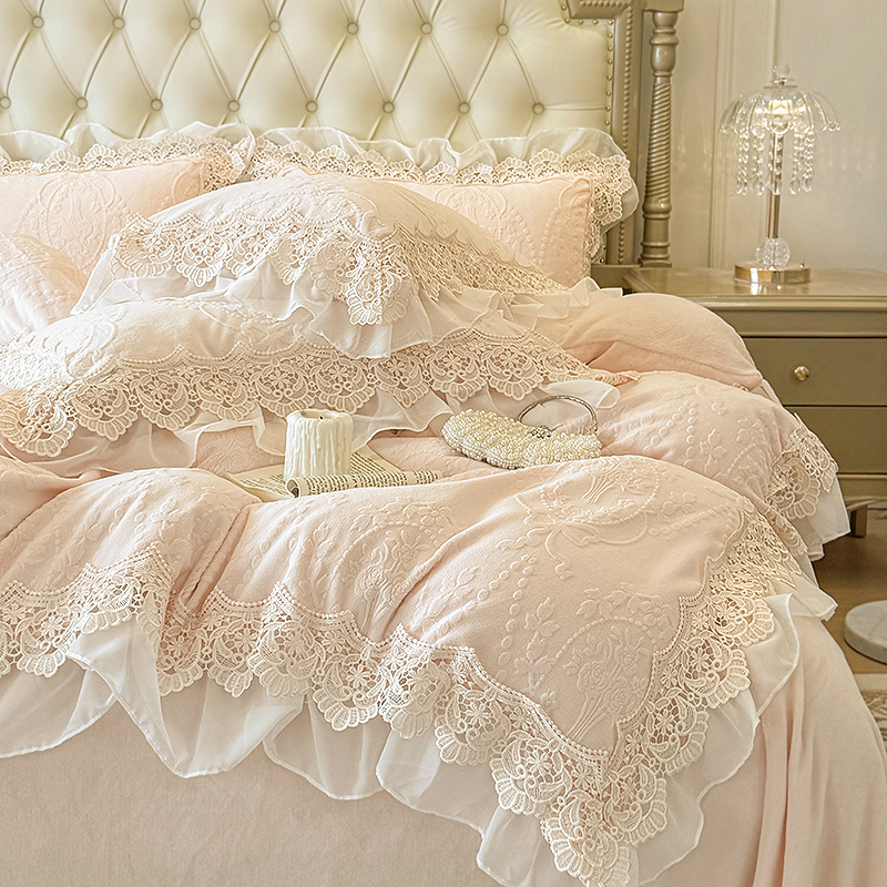 法式雕花花边款加厚牛奶绒四件套加绒保暖双面绒床单被套床上用品