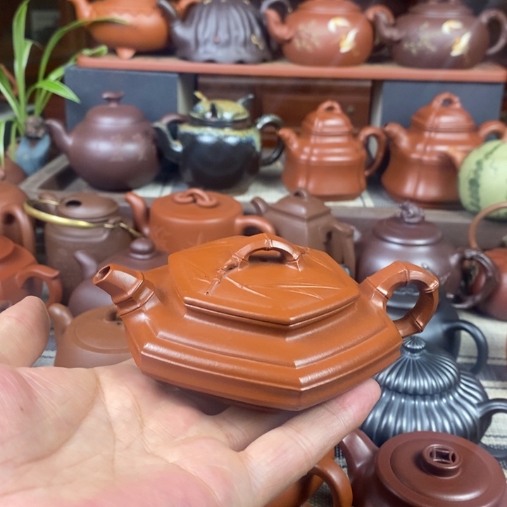 茶壶紫砂六方扁竹150CC原矿赵庄朱泥特价