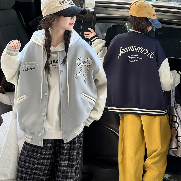 2025春秋季新款女童甜美百搭蝴蝶结刺绣时髦洋气舒适长袖外套潮流