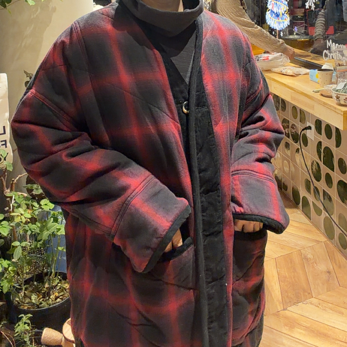 复古休闲格纹拼接无领棉服