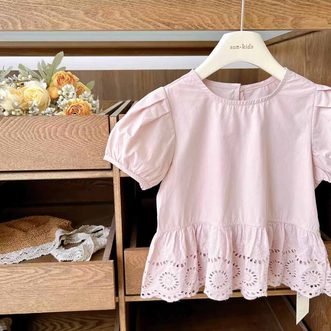 【娃娃衫上衣】25804（粉色）上衣 女童韩版百搭 拼接镂空花边 娃娃衫