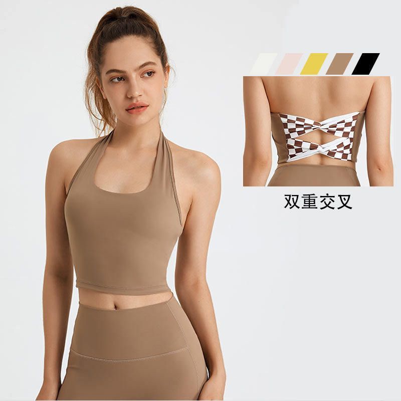 运动内衣女健身挂脖双重交叉美背支撑背心式紧身瑜伽服文胸上衣