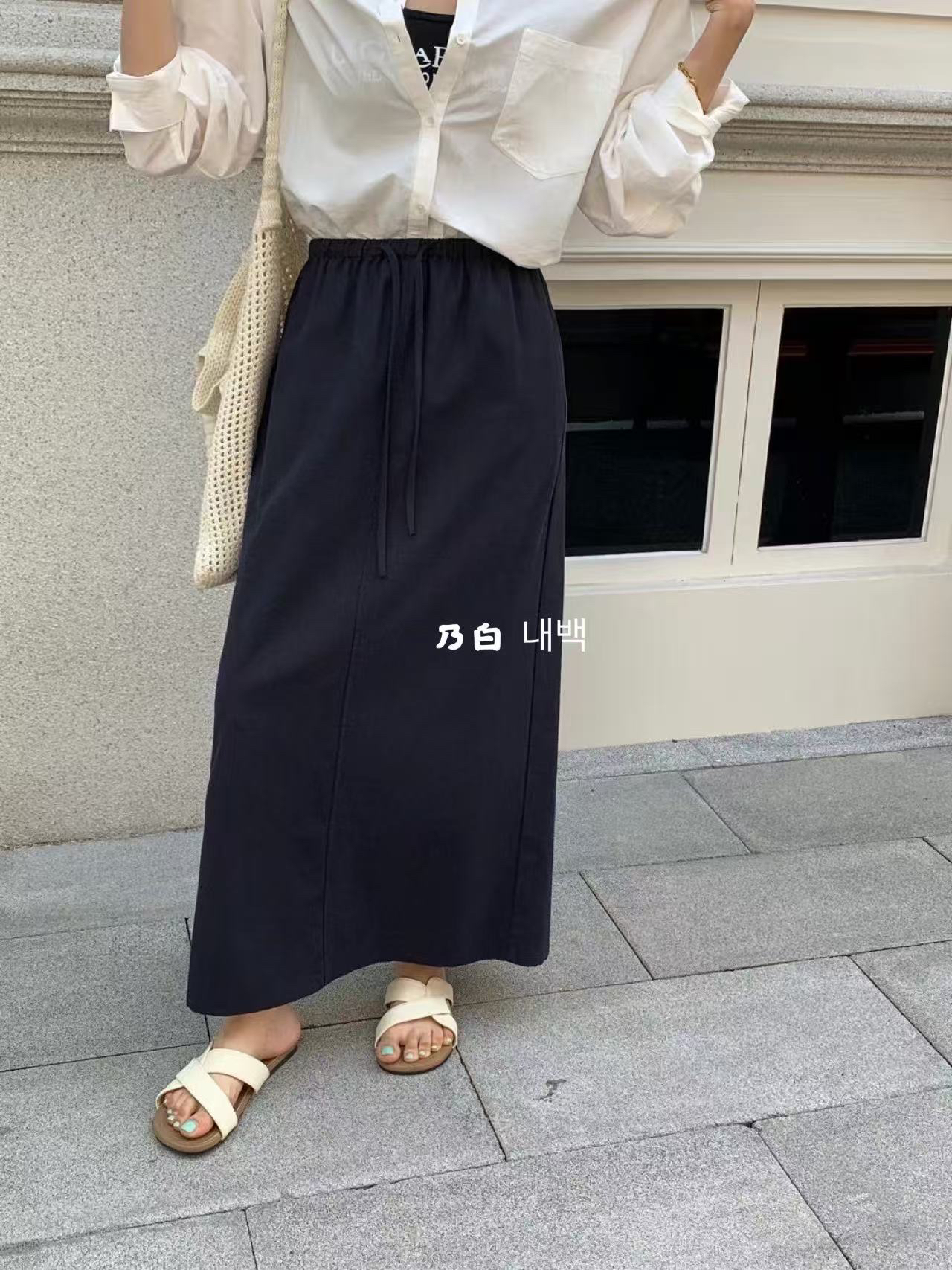 乃白 韩系松紧亚麻半身裙