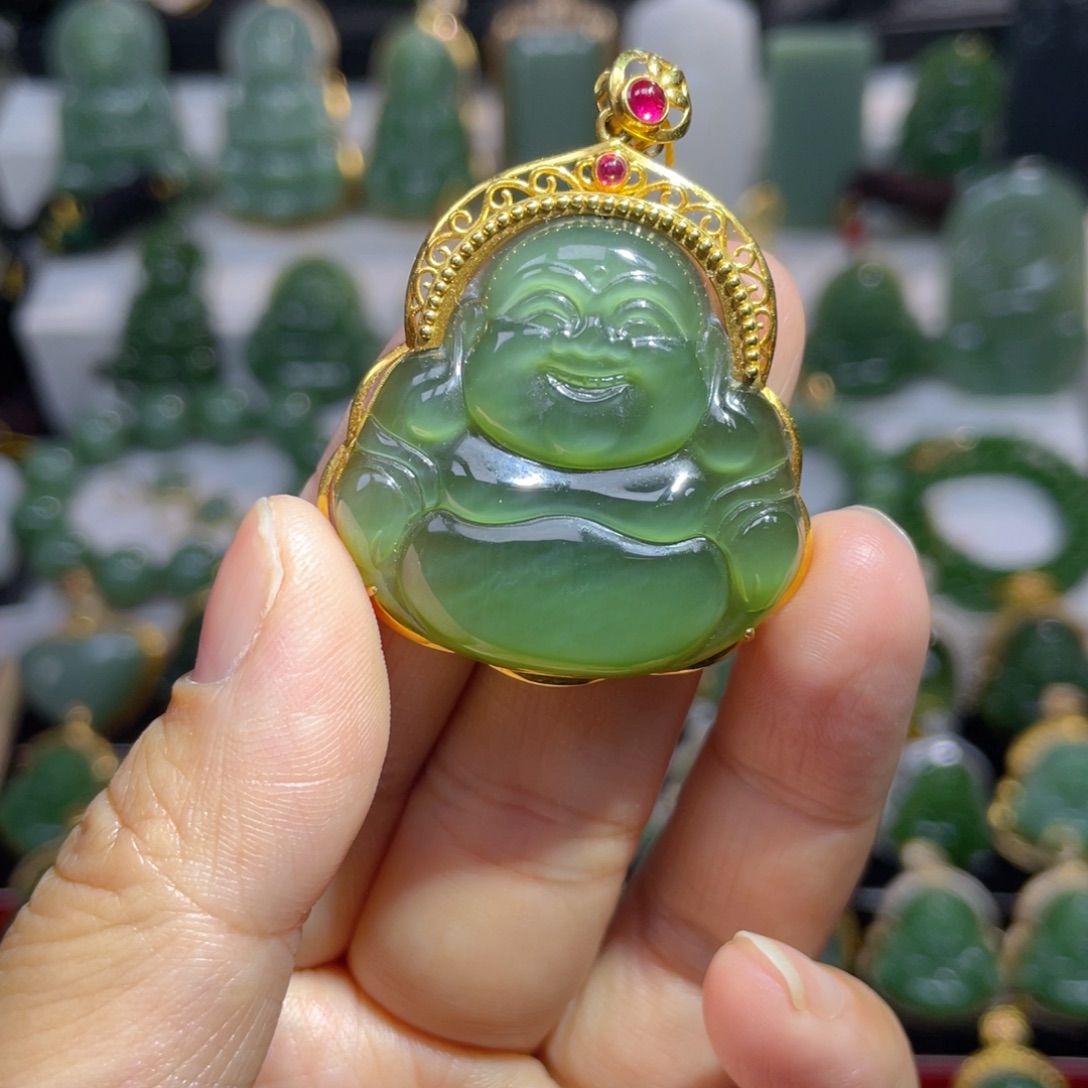 和田玉（碧玉）18K金镶嵌吊坠(不含链)